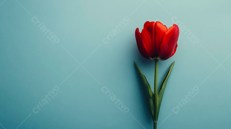 Tulipa vermelha vibrante sobre fundo azul claro minimalista