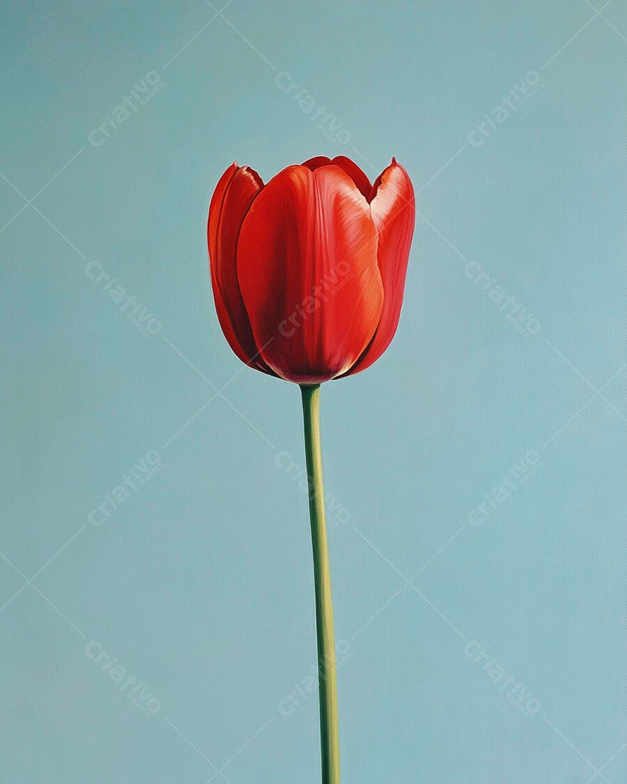 Tulipa vermelha vibrante com haste verde em fundo azul claro