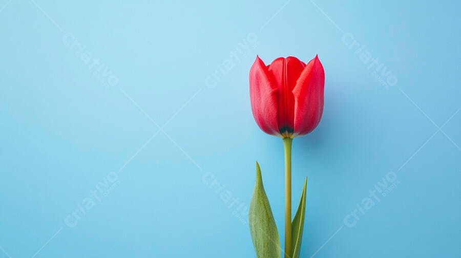 Tulipa vermelha vibrante em fundo azul claro minimalista primavera