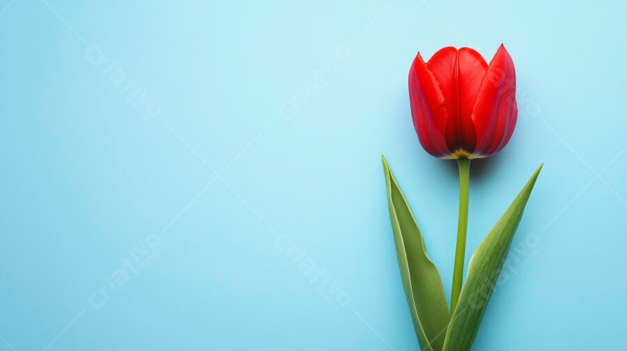 Tulipa vermelha com folhas verdes em fundo azul claro