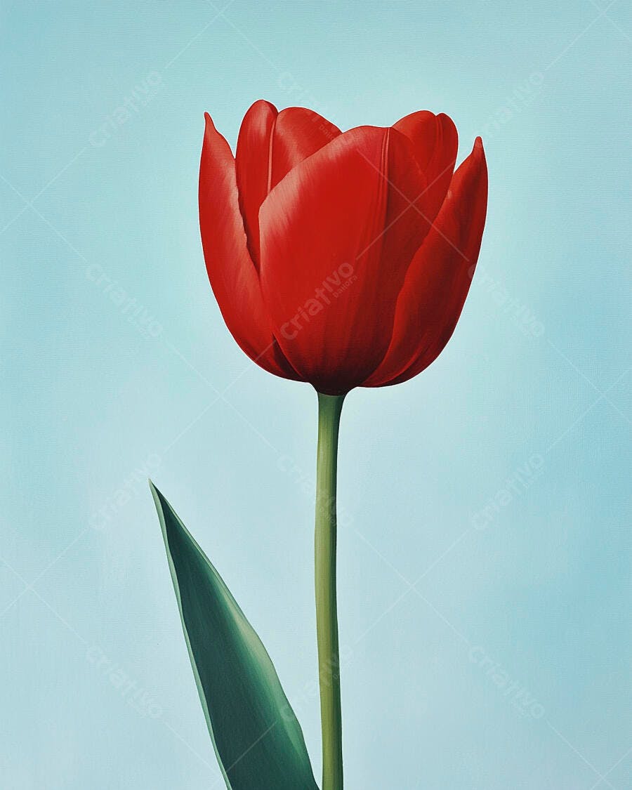 Tulipa vermelha vibrante com folha verde em fundo azul claro liso
