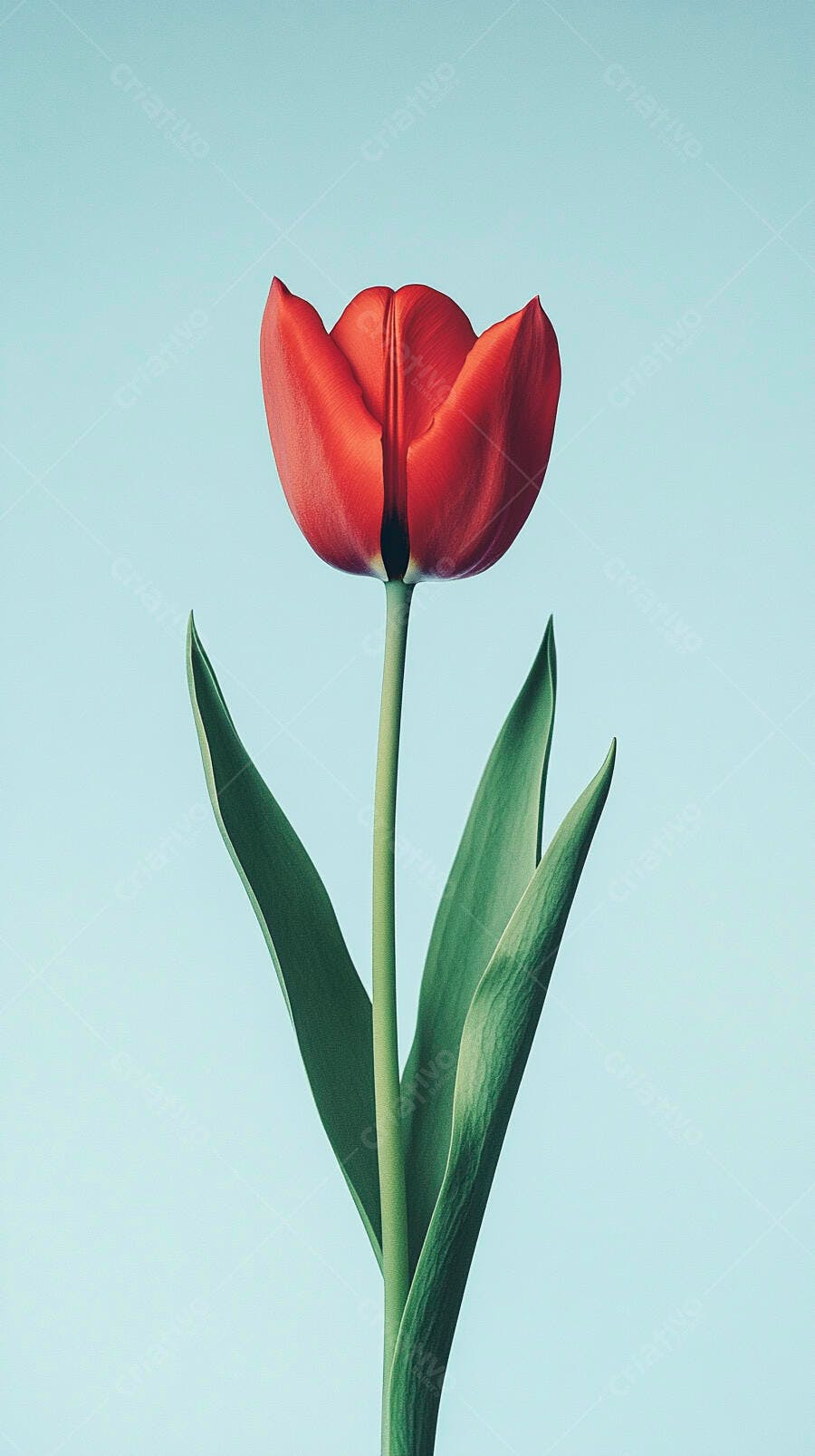 Tulipa vermelha vibrante com folhas verdes em fundo azul claro