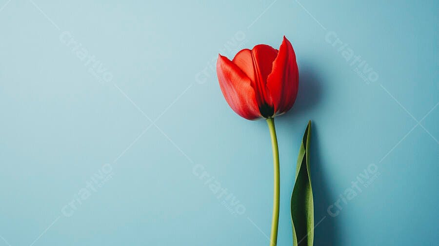 Tulipa vermelha vibrante com haste verde em fundo azul claro minimalista