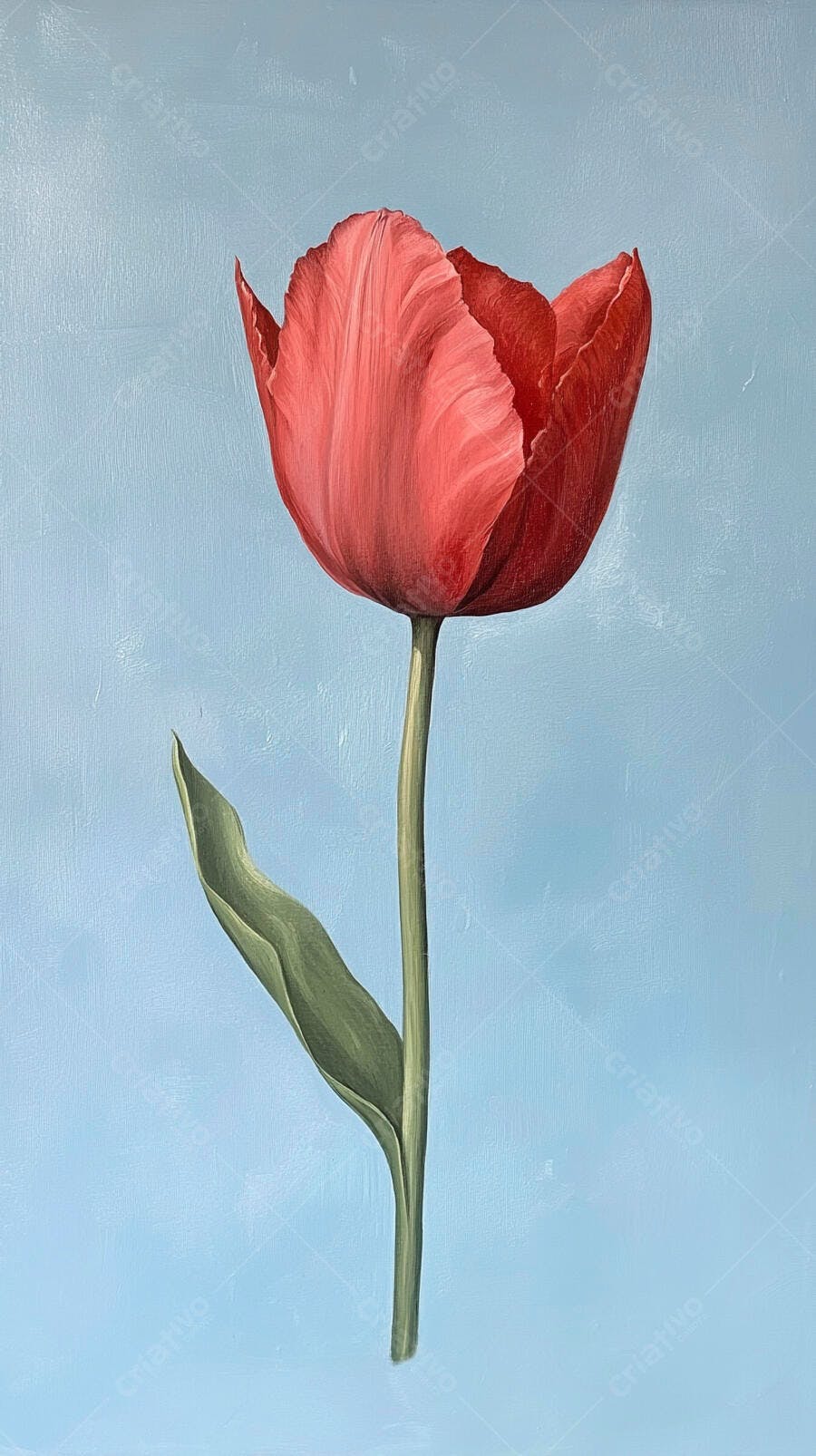 Tulipa vermelha vibrante em fundo azul claro pintura a óleo