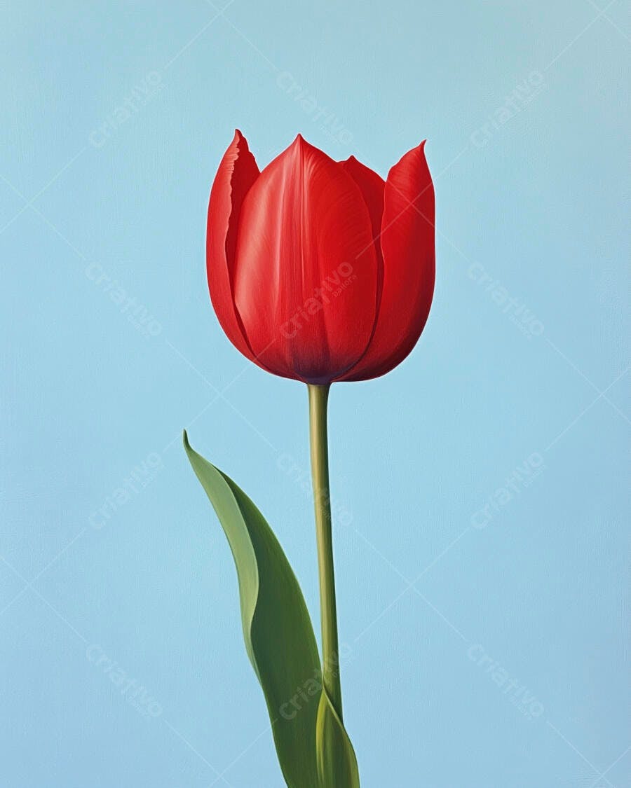 Tulipa vermelha vibrante com caule verde em fundo azul claro