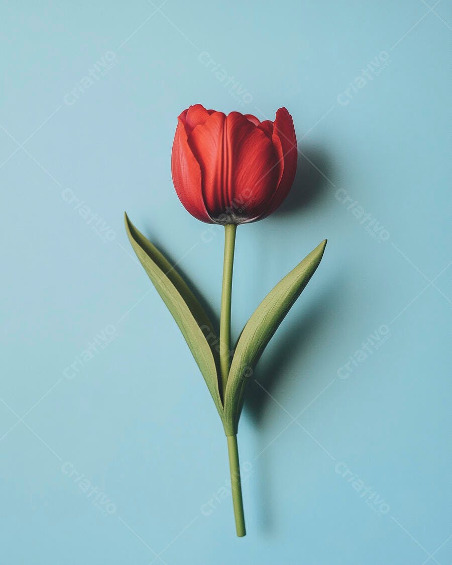 Tulipa vermelha vibrante com folhas verdes em fundo azul claro