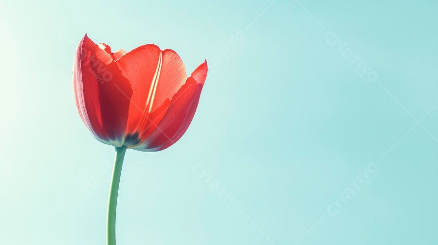 Tulipa vermelha vibrante com caule verde em fundo azul claro minimalista