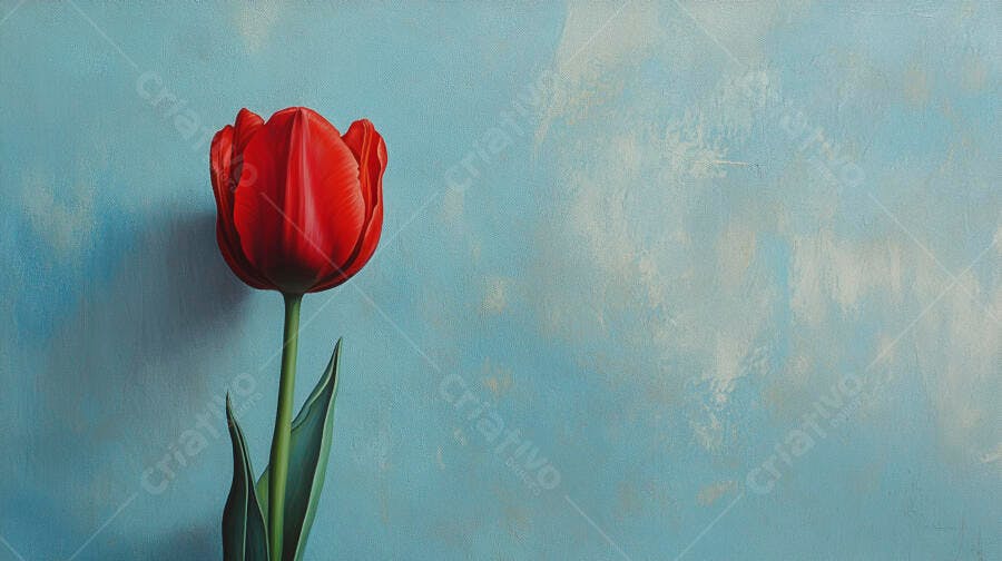 Tulipa vermelha vibrante com fundo azul texturizado minimalista