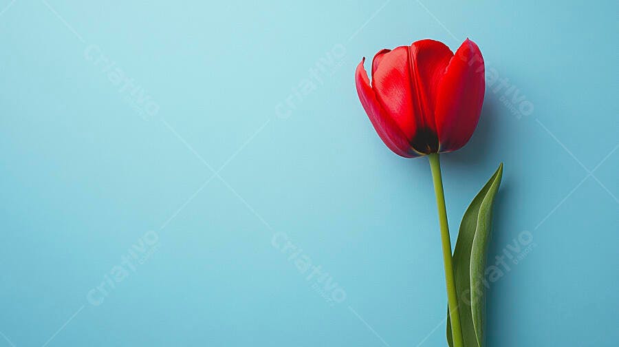 Tulipa vermelha vibrante com haste verde em fundo azul claro minimalista