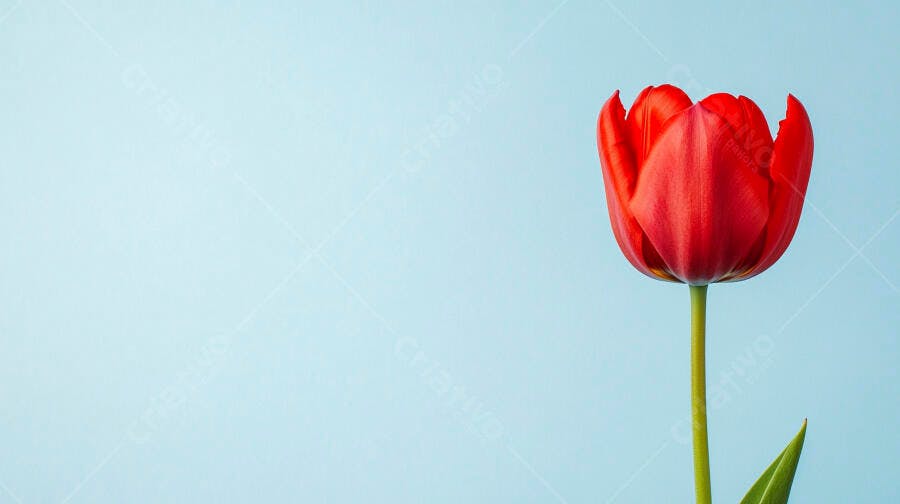Tulipa vermelha vibrante em fundo azul claro minimalista