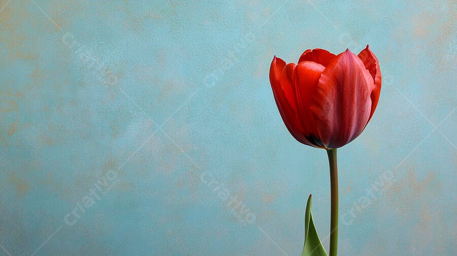 Tulipa vermelha vibrante em fundo azul texturizado minimalista