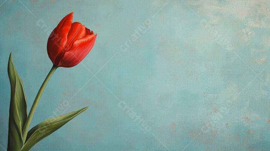 Tulipa vermelha vibrante sobre fundo azul texturizado com espaço para texto