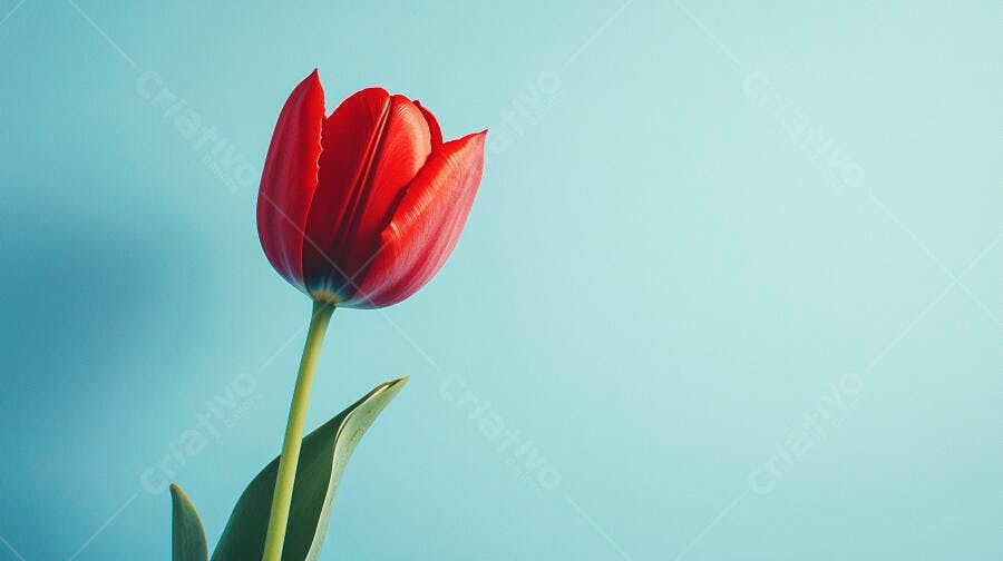 Tulipa vermelha vibrante com haste verde em fundo azul claro
