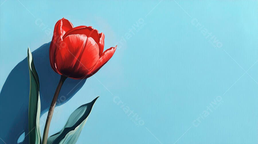 Tulipa vermelha vibrante com haste e folhas sobre fundo azul claro minimalista