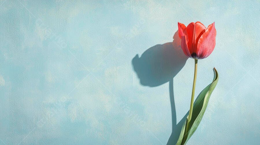 Tulipa vermelha vibrante com sombra projetada em fundo azul claro