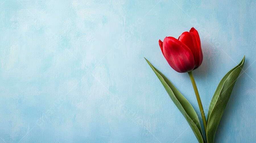 Tulipa vermelha vibrante com folhas verdes em fundo azul claro texturizado