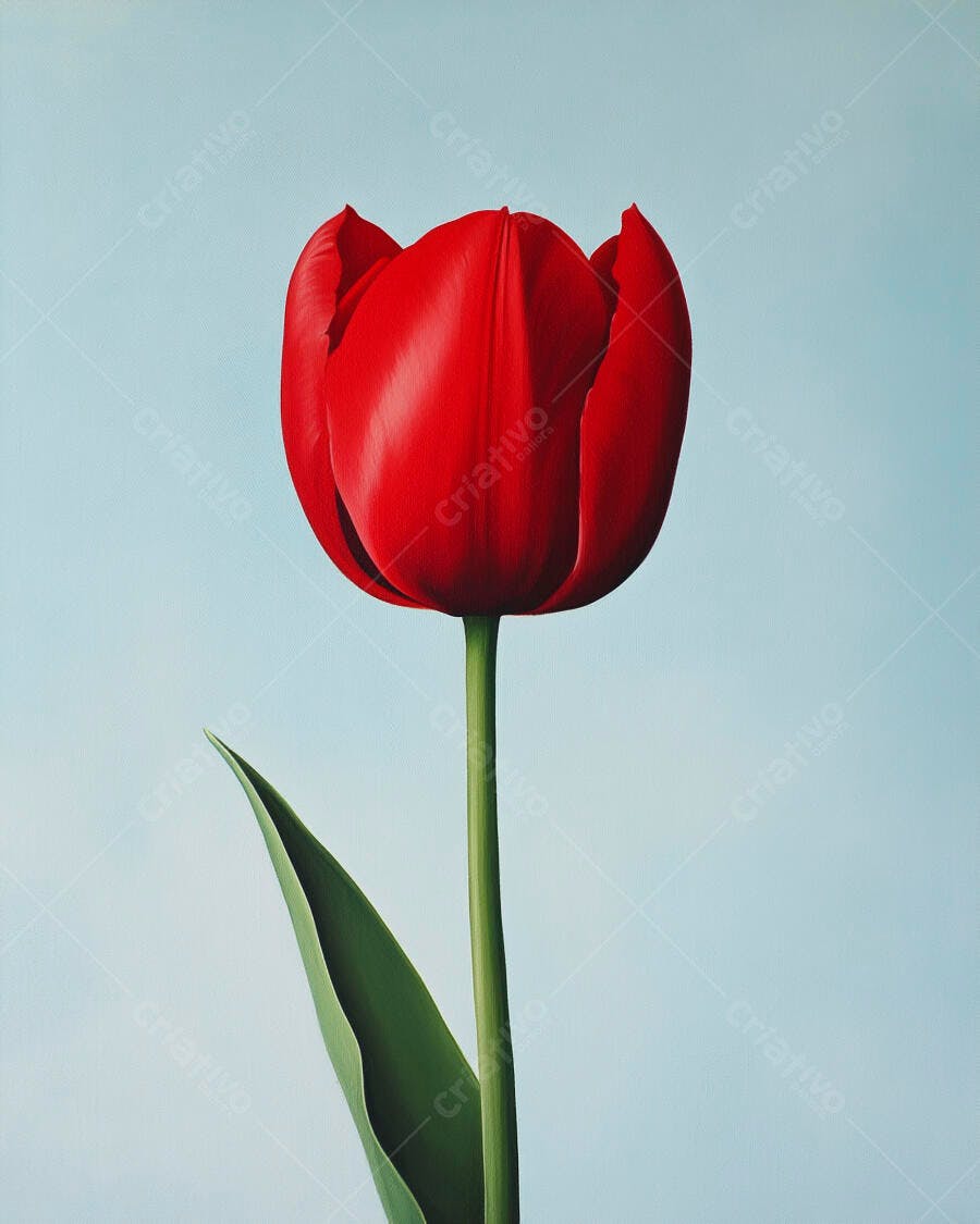 Tulipa vermelha vibrante com folha verde em fundo azul claro