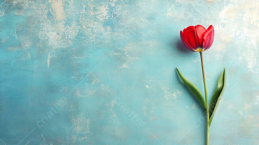 Tulipa vermelha vibrante com fundo azul texturizado minimalista