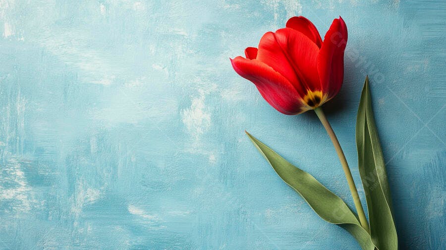 Tulipa vermelha vibrante com haste verde em fundo azul claro texturizado