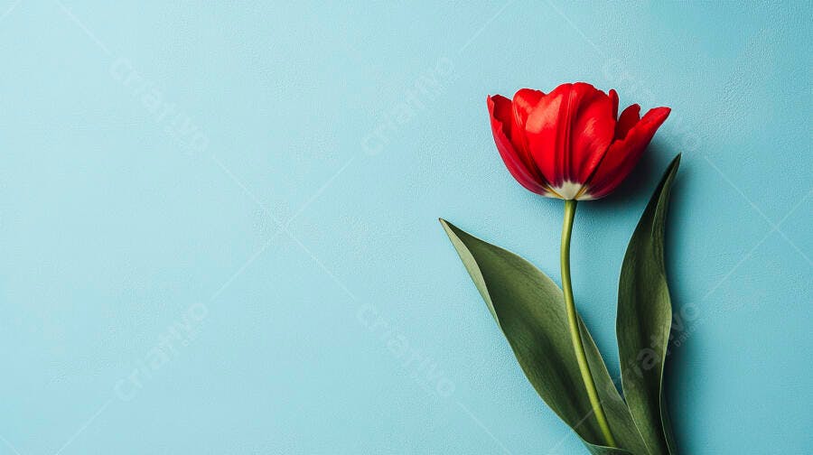 Tulipa vermelha vibrante com folhas verdes em fundo azul claro