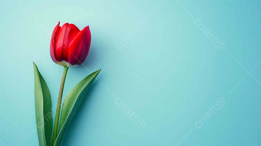 Tulipa vermelha vibrante em fundo azul claro minimalista