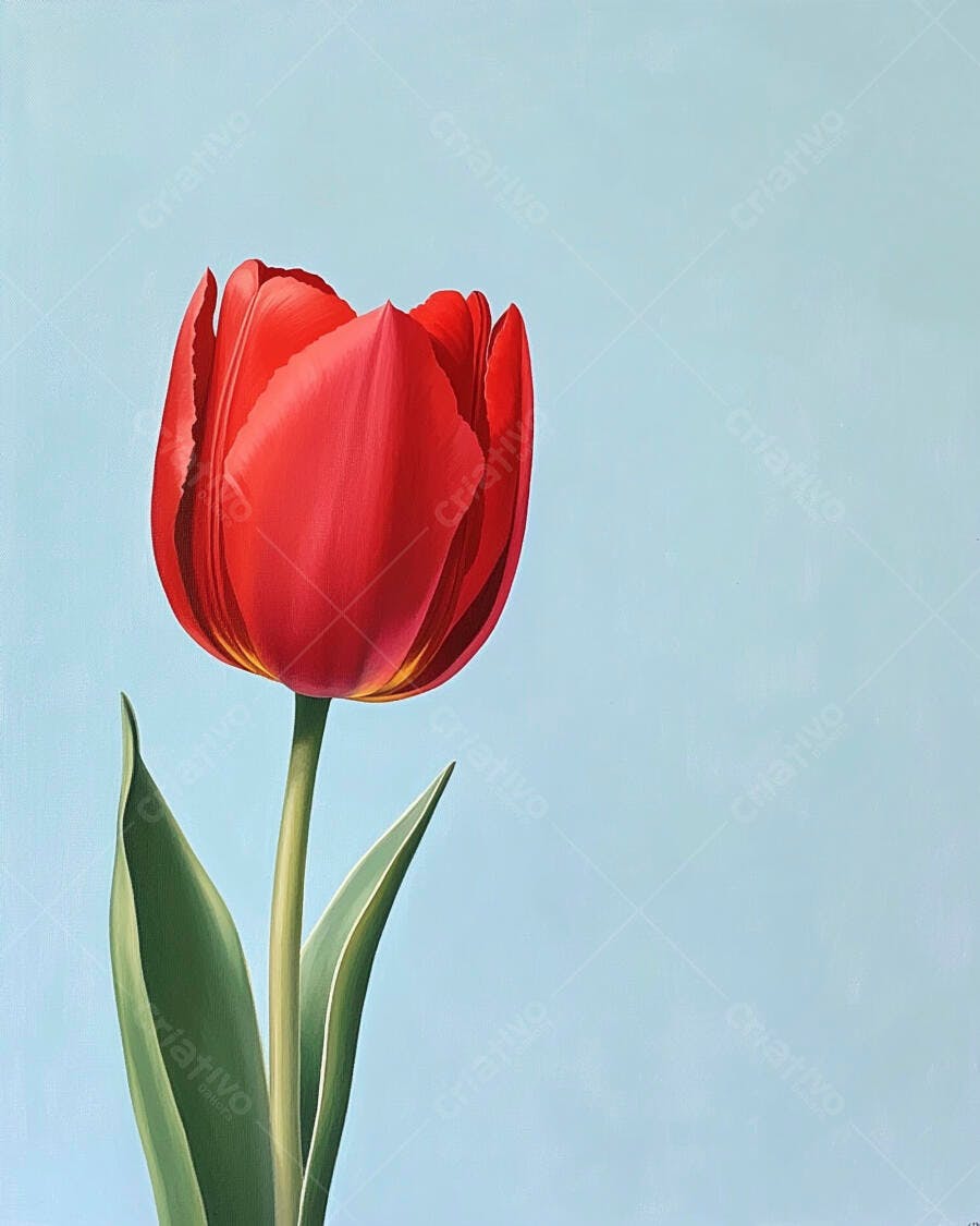 Tulipa vermelha vibrante com folhas verdes em fundo azul claro