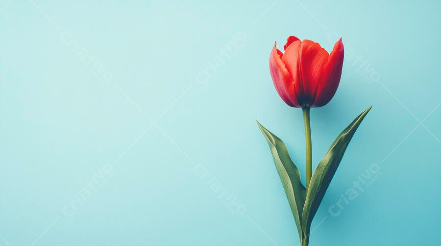 Tulipa vermelha vibrante em fundo azul claro minimalista