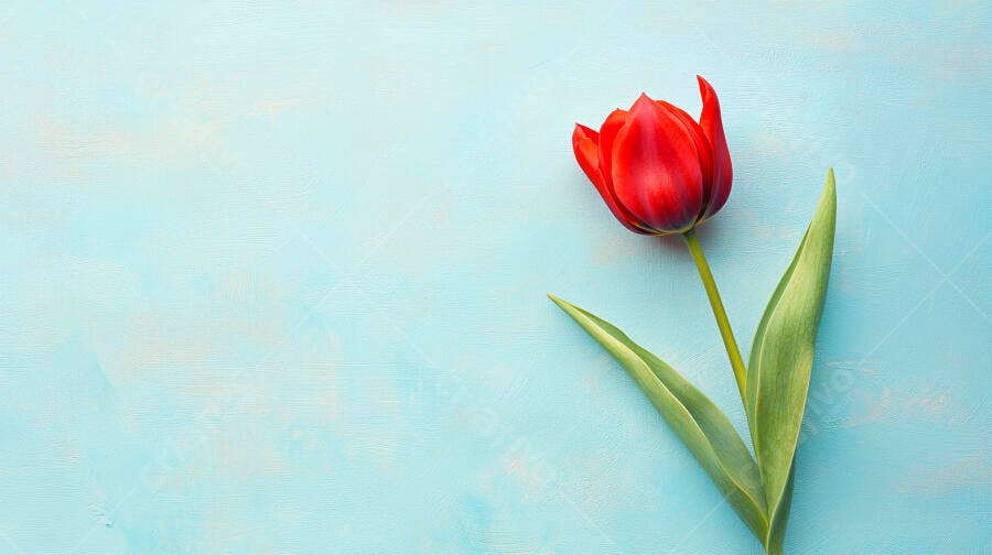 Tulipa vermelha solitária em fundo azul claro texturizado primavera