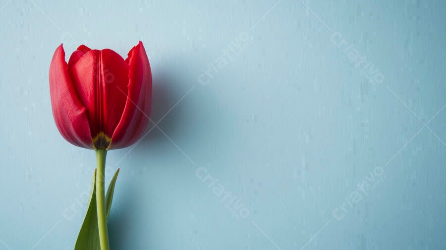 Tulipa vermelha vibrante com haste verde em fundo azul claro