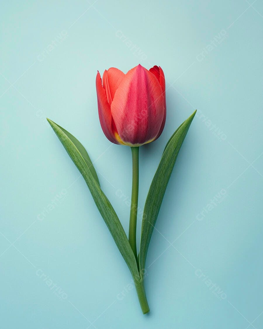 Tulipa vermelha e rosa com folhas verdes em fundo azul claro minimalista