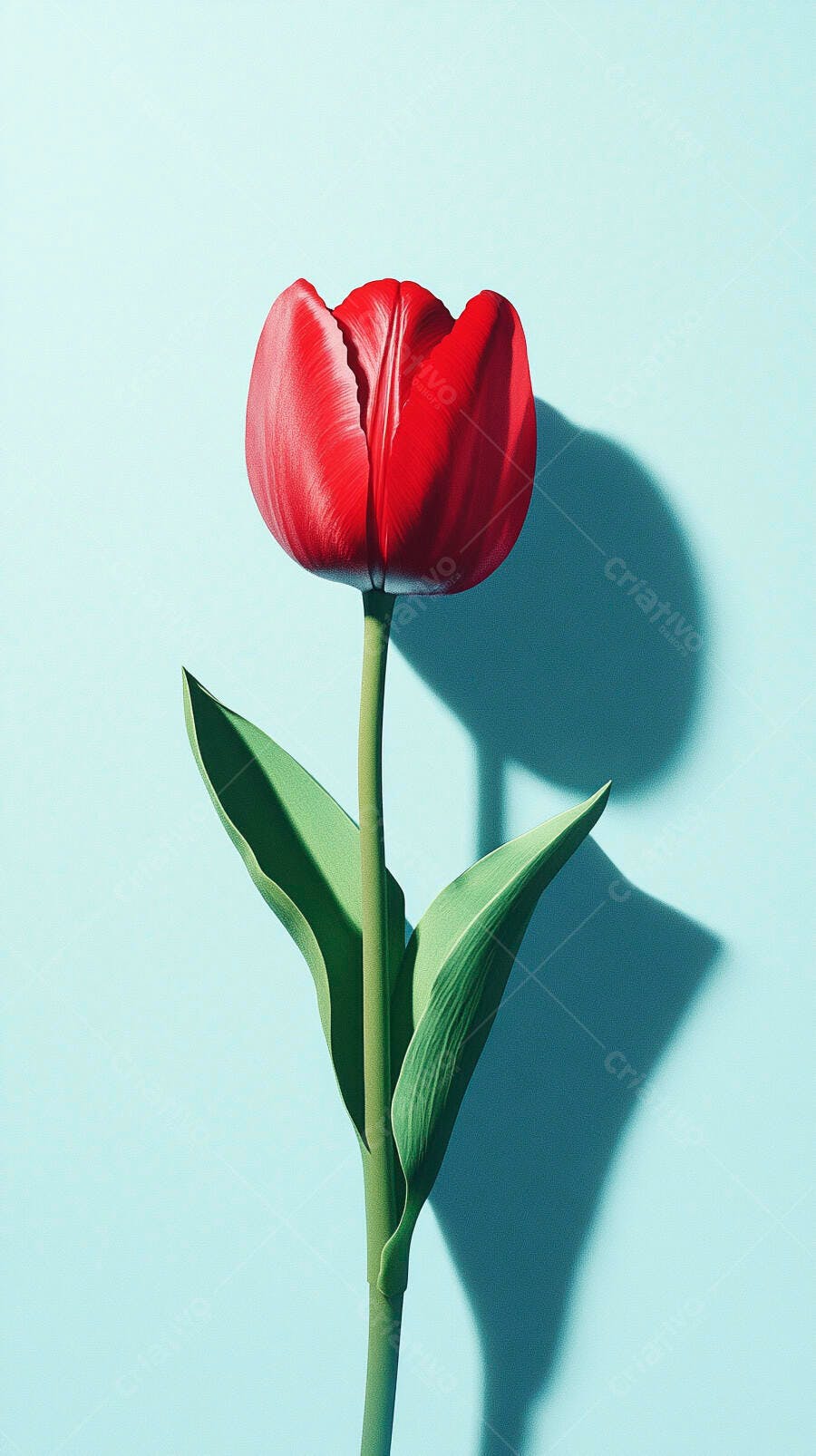 Tulipa vermelha vibrante com folhas verdes em fundo azul claro minimalista