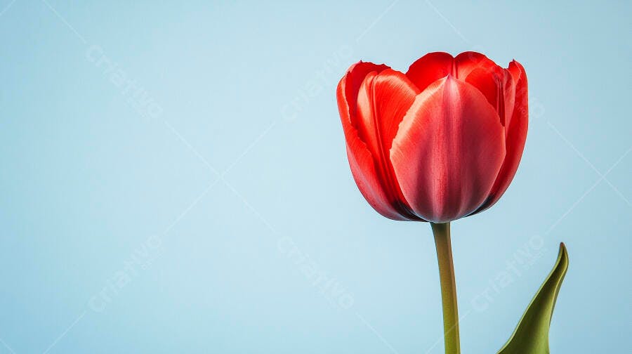 Tulipa vermelha vibrante em fundo azul claro minimalista