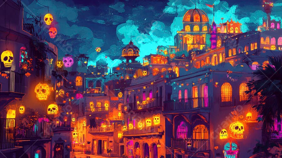 Cidade colorida com caveiras luminosas em celebração do Dia dos Mortos