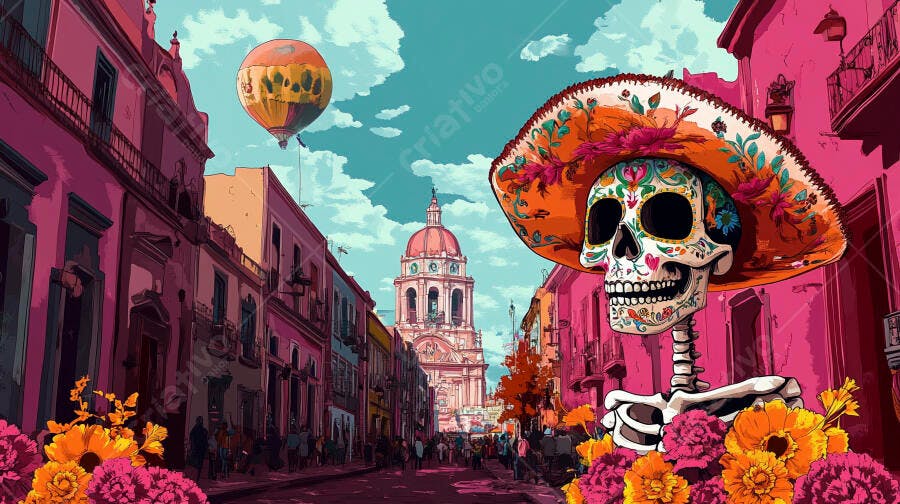 Esqueleto Catrina colorido com chapéu na rua mexicana rosa vibrante Dia dos Mortos