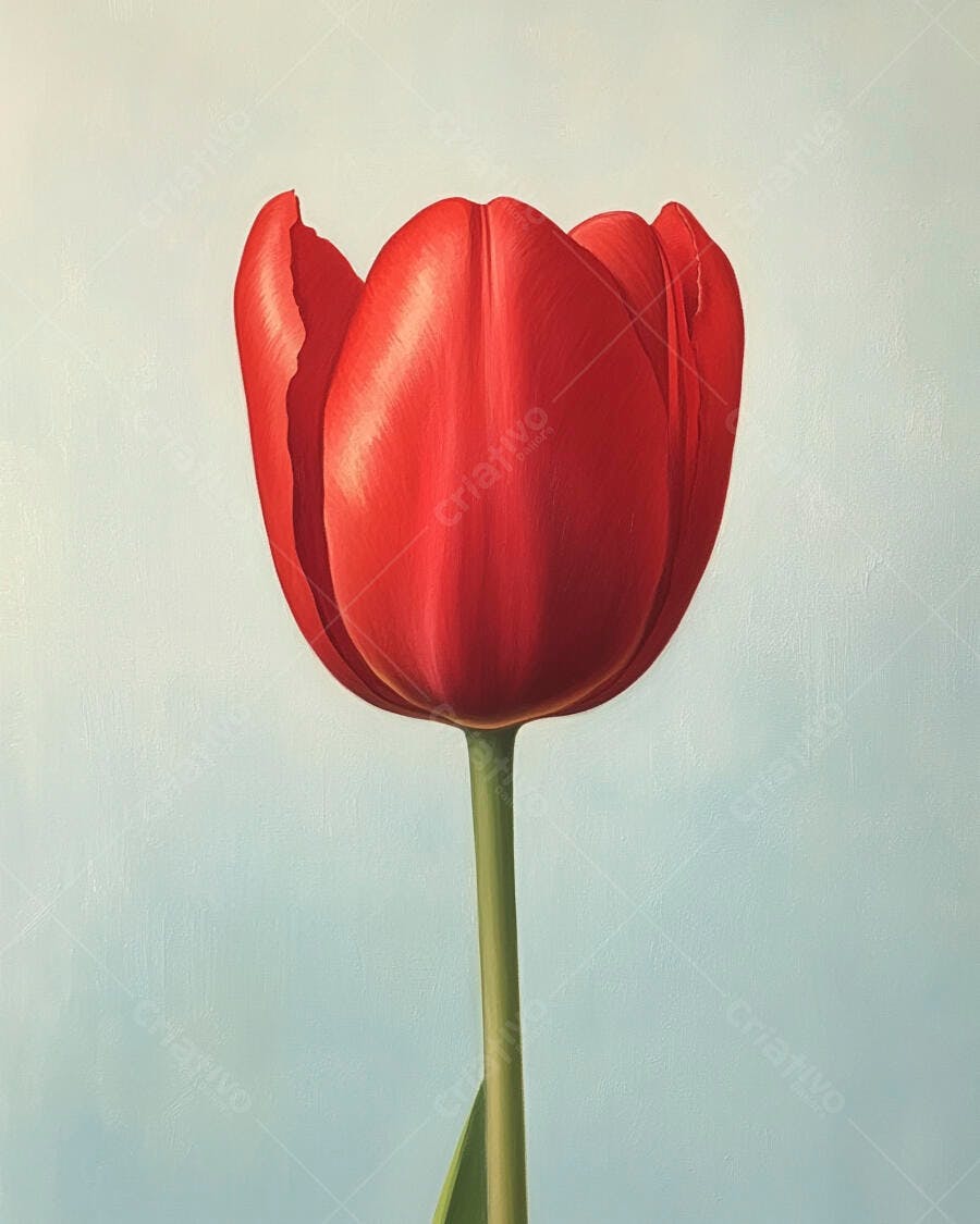 Pintura de tulipa vermelha vibrante com caule verde em fundo azul claro
