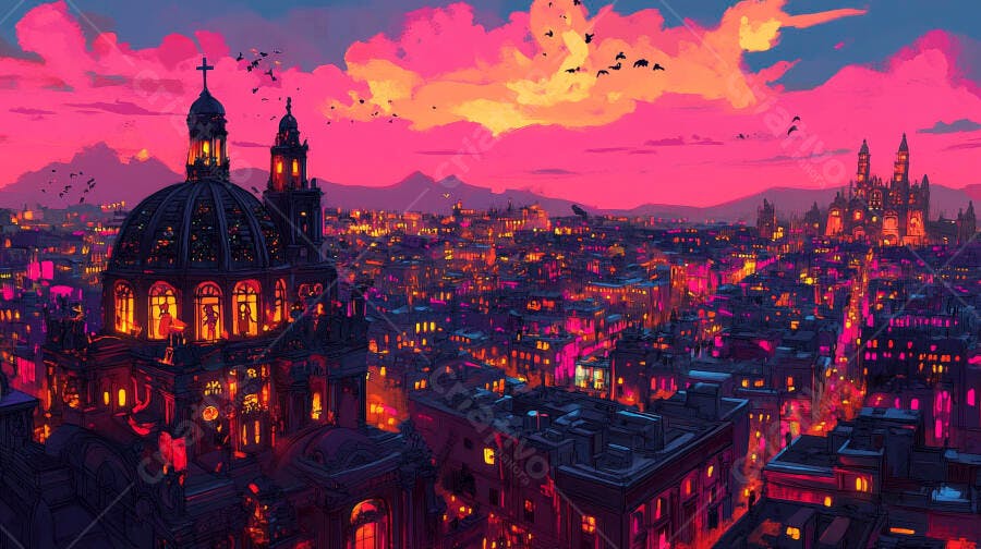 Cidade colorida ao pôr do sol com cúpula e montanhas tons rosa e laranja