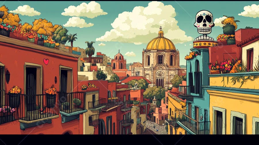 Cidade mexicana colorida com calavera e igreja para Dia dos Mortos