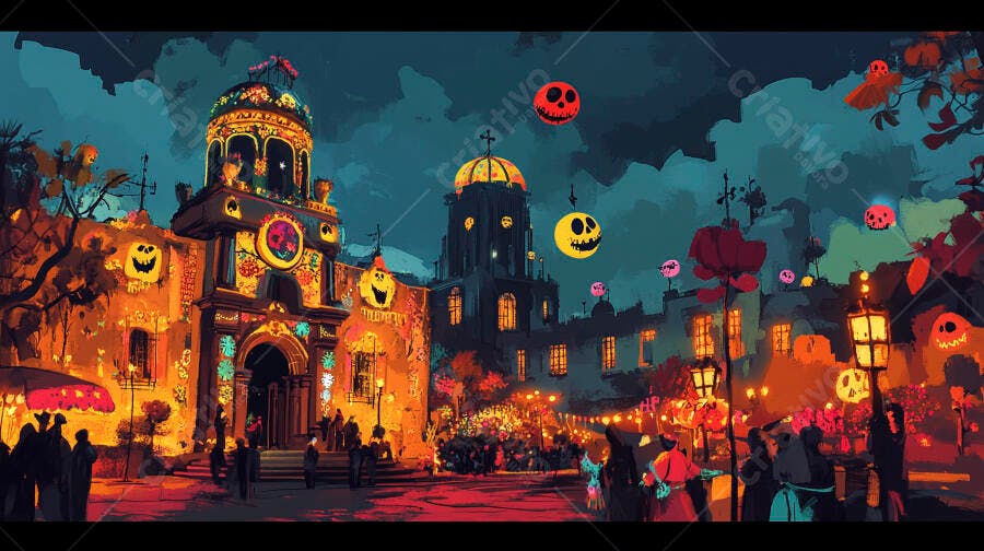 Celebração noturna Dia de los Muertos com edifícios iluminados e caveiras coloridas