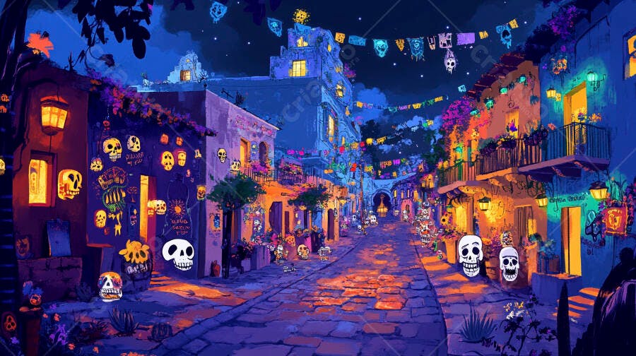 Rua mexicana vibrante com caveiras iluminadas para o Dia de Muertos à noite