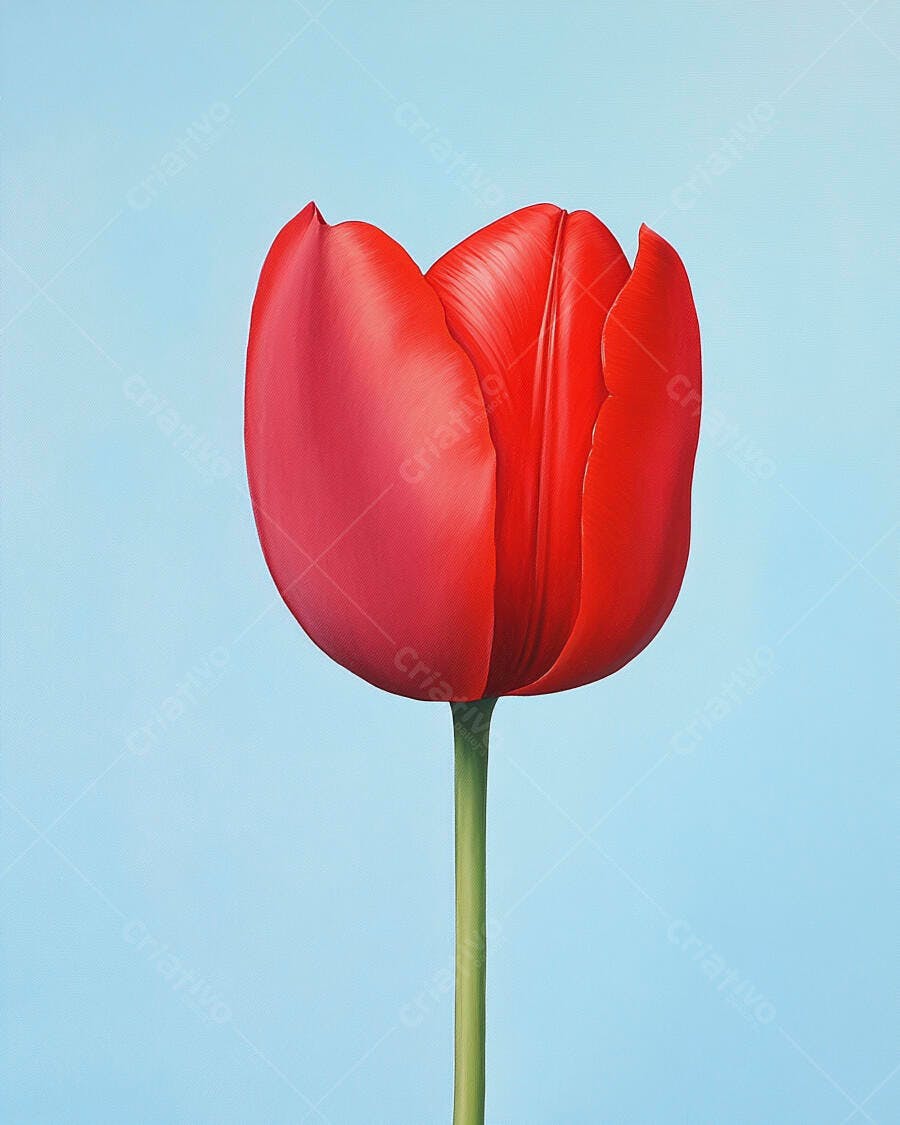 Tulipa vermelha vibrante com caule verde em fundo azul claro