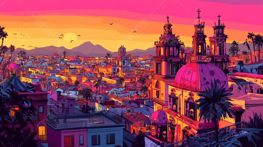 Cidade vibrante ao pôr do sol com igrejas e palmeiras ilustração digital
