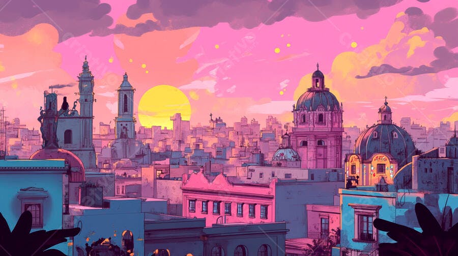 Paisagem urbana rosa e roxa com pôr do sol amarelo e prédios históricos ilustrados