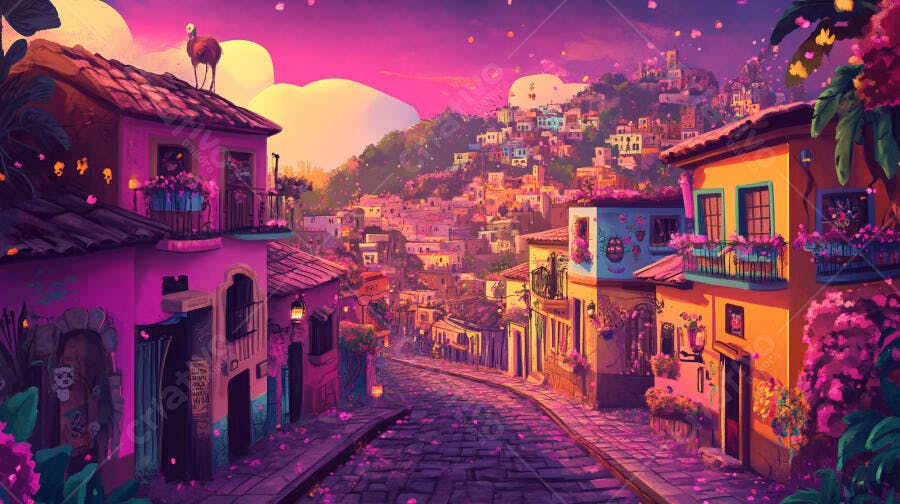 Cidade colorida vibrante ao pôr do sol com ruas floridas e lhama no telhado
