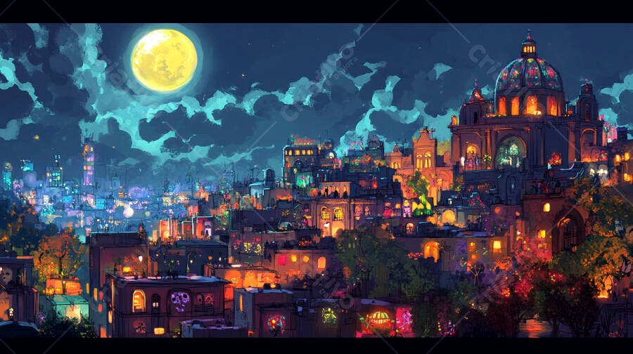 Cidade noturna vibrante com igreja de cúpula colorida sob lua cheia