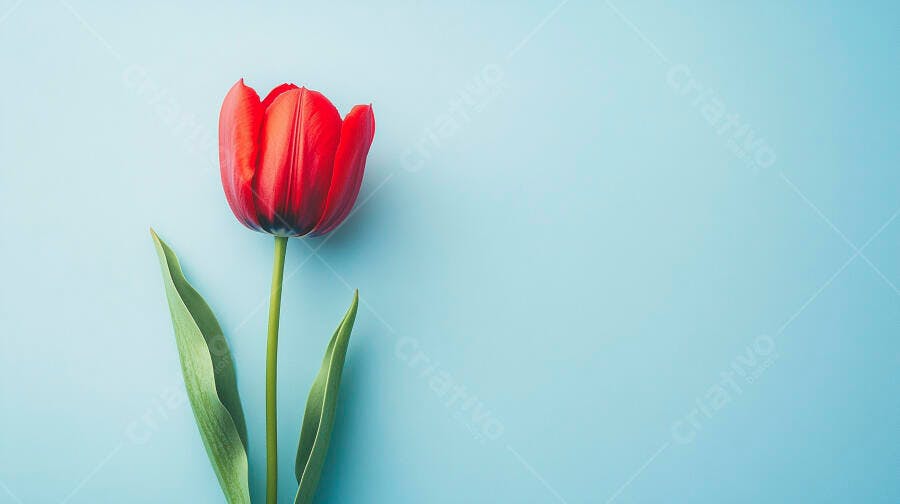 Tulipa vermelha vibrante com folhas verdes em fundo azul claro minimalista