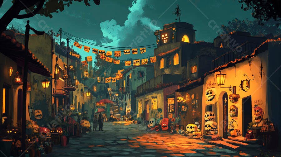 Rua mexicana decorada para Dia de Muertos com luzes quentes e caveiras coloridas à noite