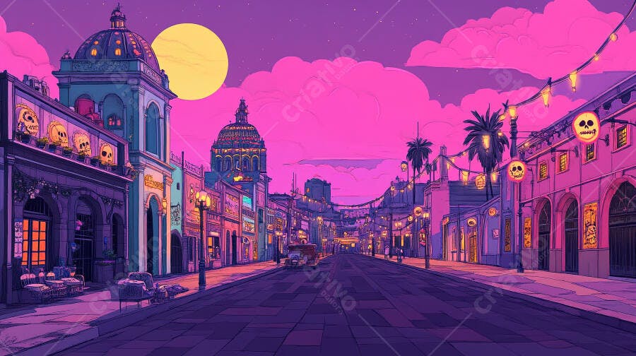 Rua vibrante noturna em tons de rosa e roxo com caveiras decorativas e lua cheia