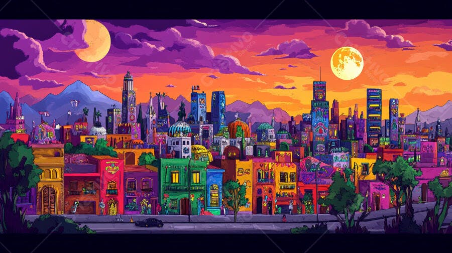 Skyline urbano vibrante com edifícios coloridos e duas luas em céu roxo alaranjado