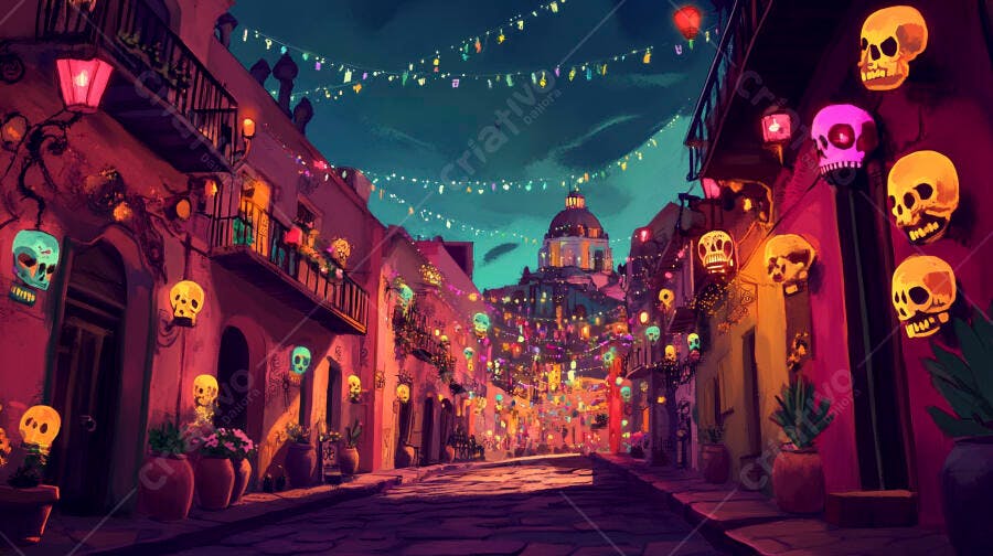 Rua colorida com caveiras iluminadas para celebração Dia de Muertos à noite