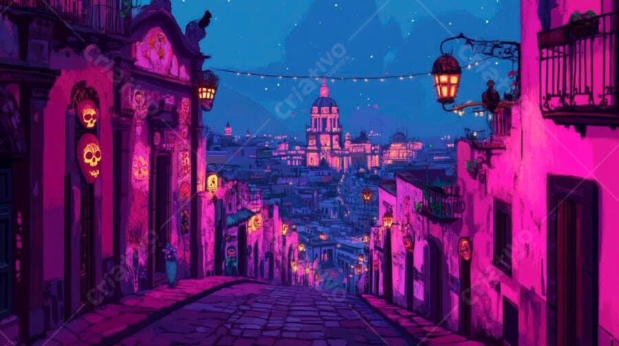 Rua de paralelepípedos colorida Dia de los Muertos com lanternas e edifícios rosa
